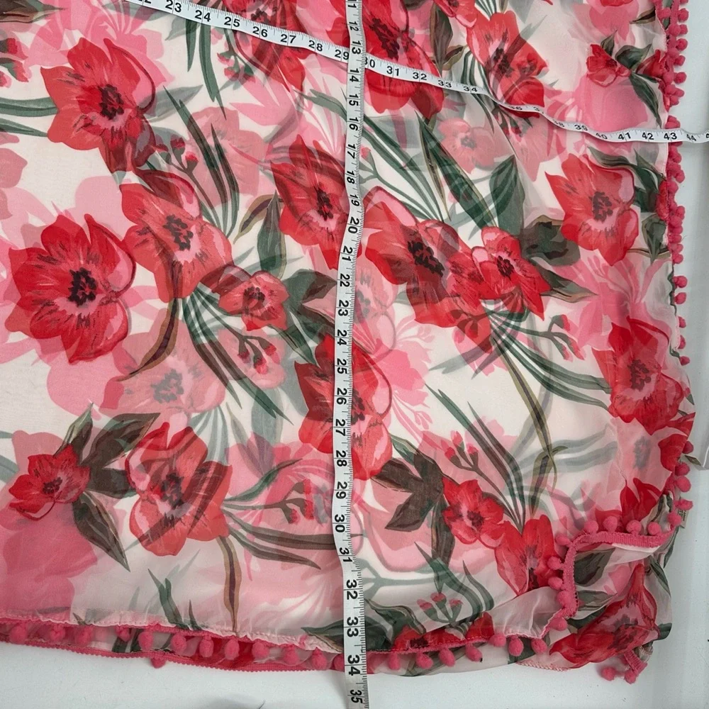 Shore Drive Caftan Swim Cover Pompom Pullover Pink Floral Semisheer Vneck New